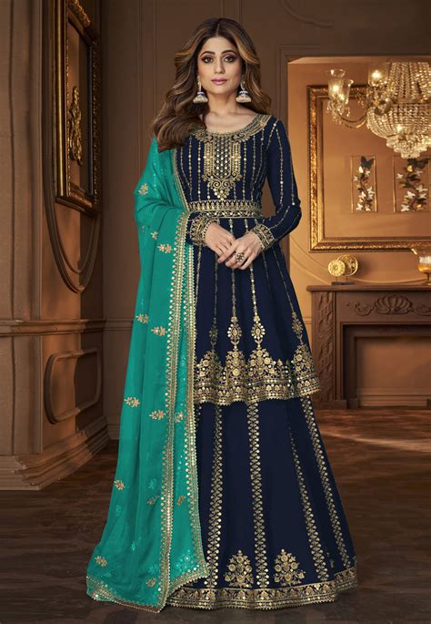 Shamita Shetty Navy Blue Georgette Indo Western Lehenga Choli