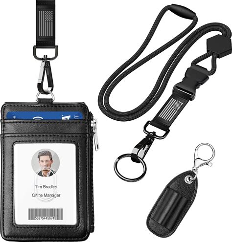 ELV Badge Holder With Zipper And Lanyard PU Leather ID Badge Card