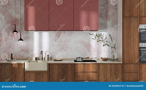 Japandi Trendy Wooden Kitchen In White And Red Tones Wooden Cabinets