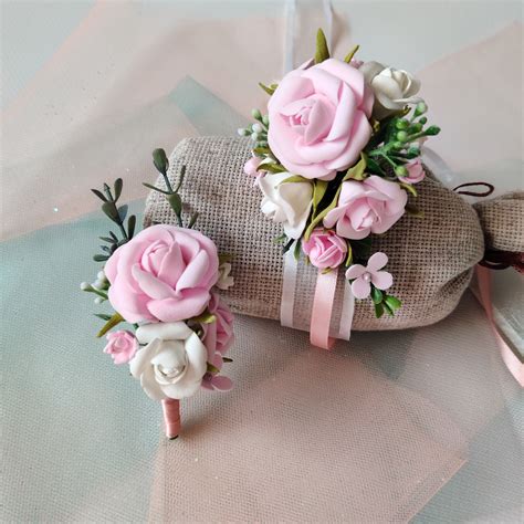 Pink Wrist Corsage And Boutonniere Setpink Wedding Etsy Corsage