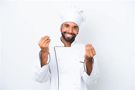 Homem Jovem Chef Brasileiro Isolado No Fundo Branco Fazendo Gesto De