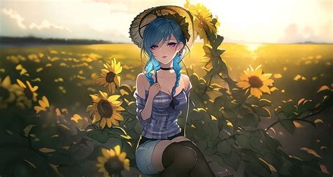 Anime girl, art, sun, sunflowers, setting, flowers, girl, HD wallpaper ...