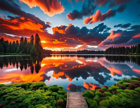 Premium AI Image | Red clouds sunset magical natural scenery forest ...