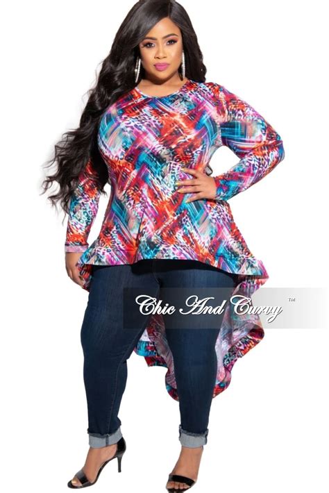 New Plus Size High Low Peplum Top In Multi Color Print Chic And Curvy In 2020 Chic And Curvy