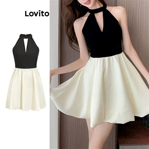 Lovito Women Elegant Plain Fabric Stitching Dress L96md048 Shopee