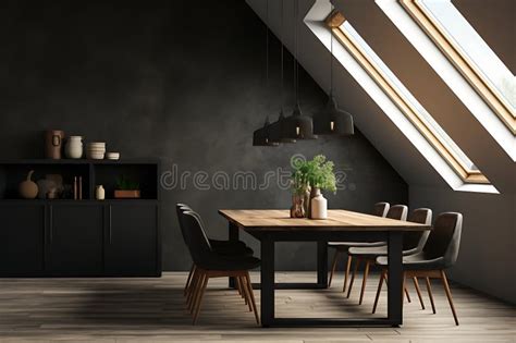 Interior Of Attic Living Room With Gray Walls Wooden Floor Dark