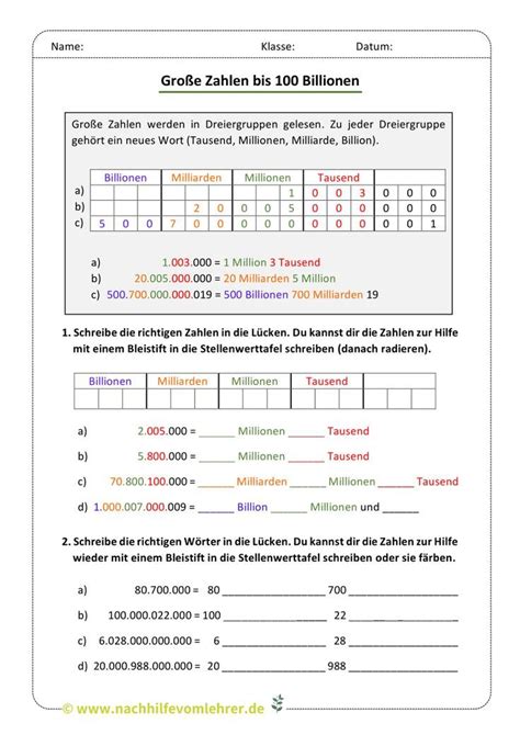 Große Zahlen bis zur Billion lesen und schreiben Mathematik Klasse 5