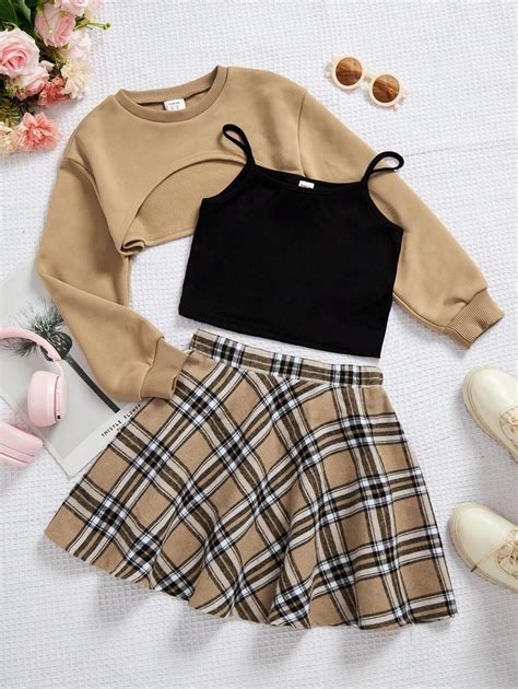 Tween Girl Solid Cami Top And Plaid Print Skirt And Super Crop Pullover Shein Usa