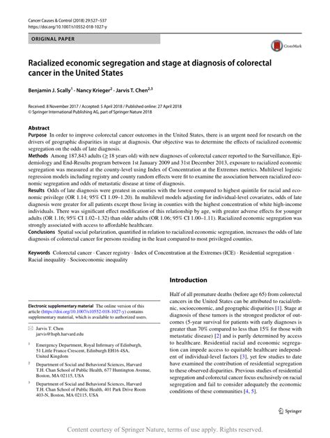 Racialized Economic Segregation And Stage At Diagnosis Of Colorectal