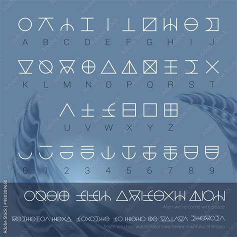 Set Of Unreadable Alien Alphabet With Letters And Numbers Template For