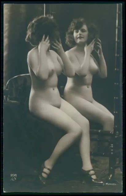 French Nude Woman Mirror Makeup Hairdo Original Old C S Photo