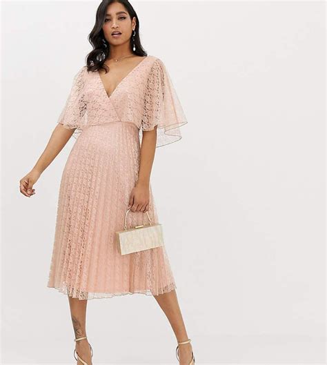 Asos Design Midi Dress Flutter Sleeve And Pleat Skirt In Lace Pleated