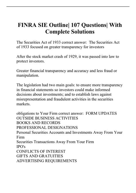 finra sie outline  questions  complete solutions sie sie