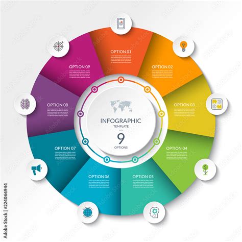 Circular Infographic Flow Chart Process Diagram Circle Or Pie Graph With 9 Options Parts