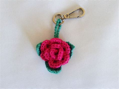 Pink Rose Flower With Leaves Crochet Key Chain Amigurumi Crochet