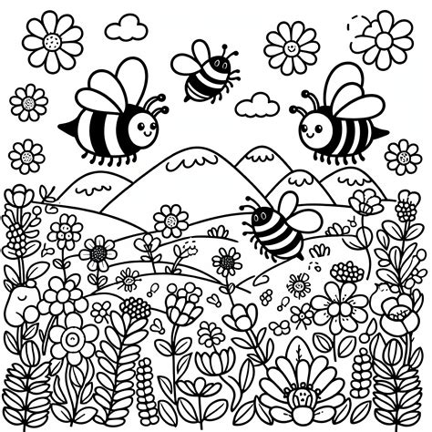 Abejas sobre prado de flores en primavera: dibujo para colorear gratuito
