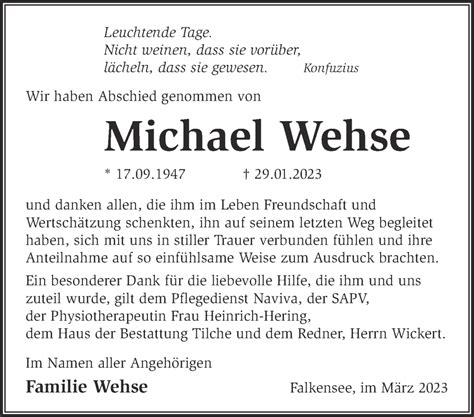 Traueranzeigen von Michael Wehse Märkische Onlinezeitung Trauerportal