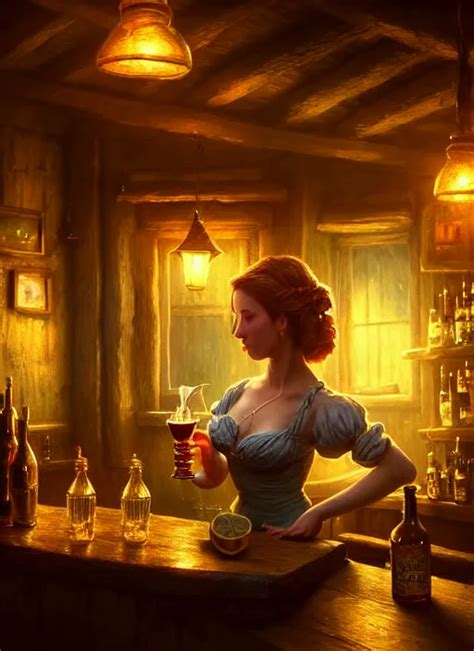 A Beautiful Barmaid Dimly Lit Cozy Tavern Relaxed Stable Diffusion