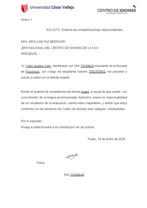 Declaraci N Jurada Examen De Competencia Cqc Anexo Solicito Examen