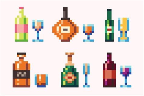 Premium Vector Alcohol Beverages Pixel Art Set Wine Whiskey Beer