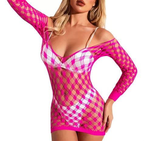 Lingerie Sexy Mini Vestido Arrastão Sensual Manga Luxo