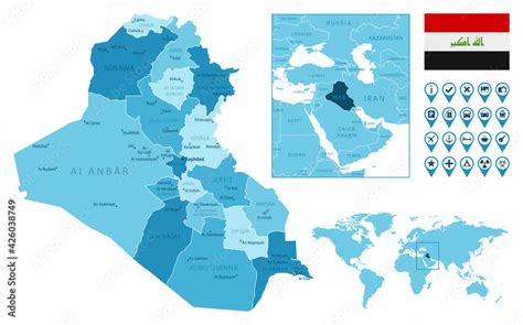 Iraq Detailed Administrative Blue Map With Country Flag And Location On