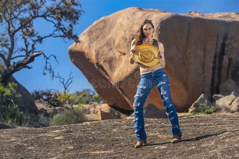 Lovely Brunette Cowgirl Model Posing Outdoors Stock Photo Image Of Desert Adult
