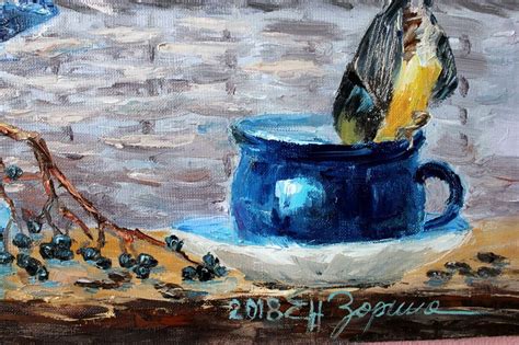 Голубая картина с цветами - картины с птицами