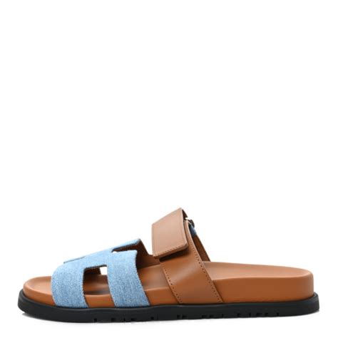 Hermes Denim Calfskin Womens Chypre Sandals Bleu Clair Naturel