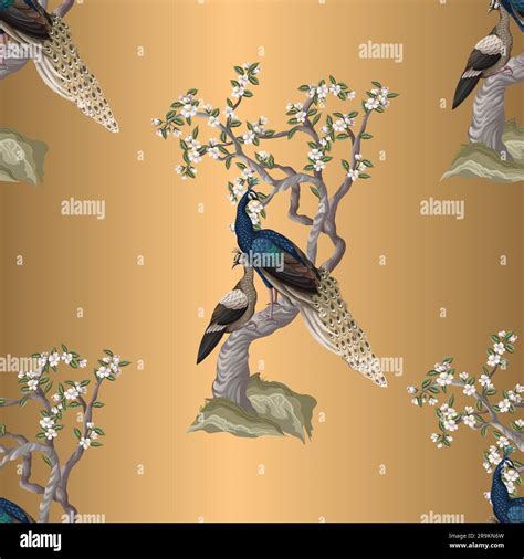 Chinoiserie Seamless Pattern With Peacocks And Flowers Trees Vector