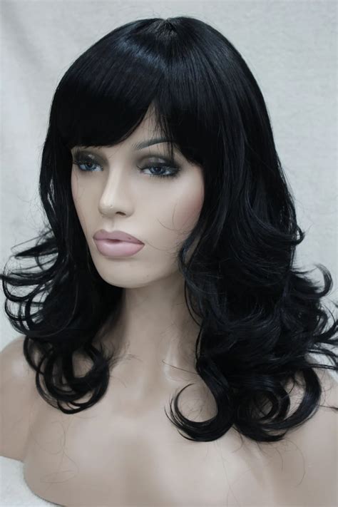 2016 New Charming Jet Black Medium Length Curly Women S Bangs Wig Free Shipping Wig Ship Wig