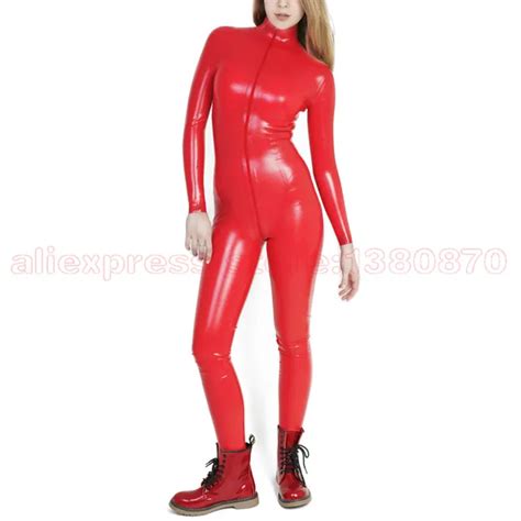 Solid Red Rubber Latex Catsuit Sexy Women Bodysuit With Front Zipper To Ass S Lc In Zentai