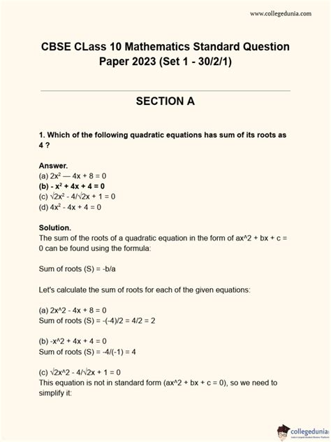 Cbse Class 10 Mathematics Standard Question Paper 2023 Set 1 30 2 1