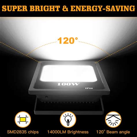 100W LED Flood Light, 5000K Daylight White, 14000 Lumens, IP65 Waterproof, 120° Beam Angle, 120V ...