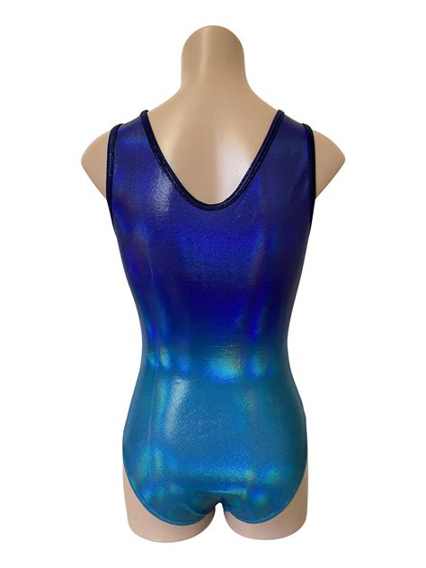 Blue And Emerald Shiny Foil Mystique Ombre Sleeveless Leotard For