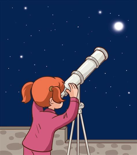 Niña linda mirando a través del telescopio en la ilustración de vector