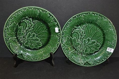 Green Majolica Cabbage Plate Pair Majolica Unmarked And Minor Makers