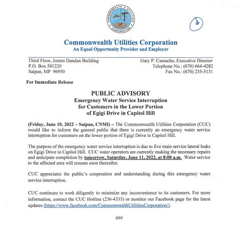 2022 Jun 10 Public Advisory Re Emergency Water Service Interruption