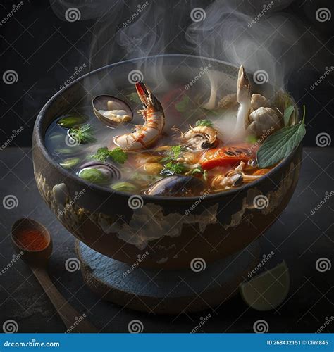 Bowl Of Steaming Hot Thai Tom Yum Soup Stock Illustration Illustration Of Outline Grain