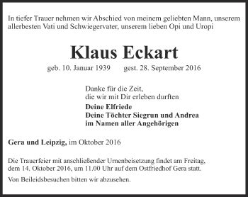 Traueranzeigen Von Klaus Eckart Trauer In Thueringen De