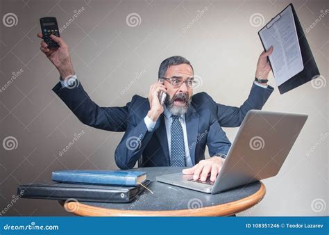 Pressured Businessman Multitasking Business Concept And Urban