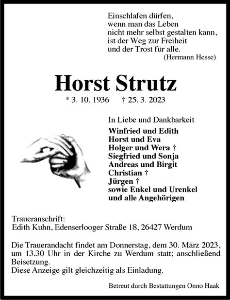 Traueranzeigen Von Horst Strutz Nordwest Trauer De