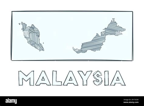 Sketch map of Malaysia. Grayscale hand drawn map of the country. Filled regions with hachure ...