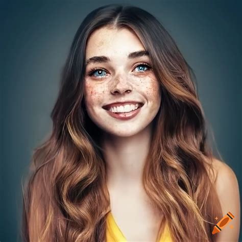 Close-up portrait of a smiling woman with freckles on Craiyon