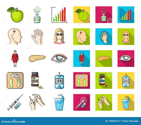 Diabetes Cartoon Flat Icons In Set Collection For Design Treatment Of