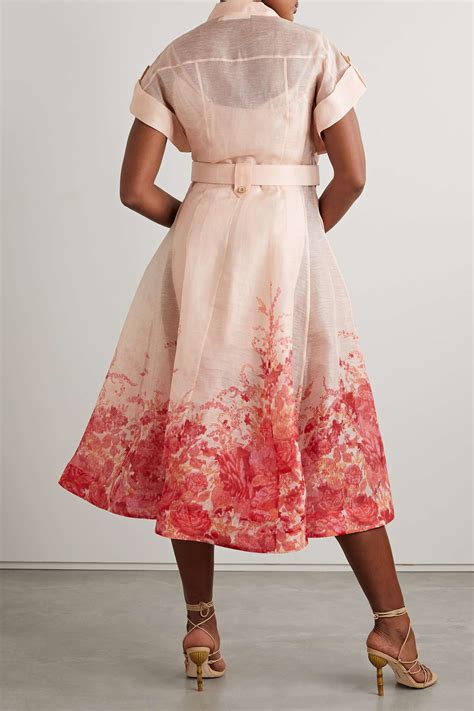 Pink High Tide Belted Floral Print Linen And Silk Blend Midi Dress