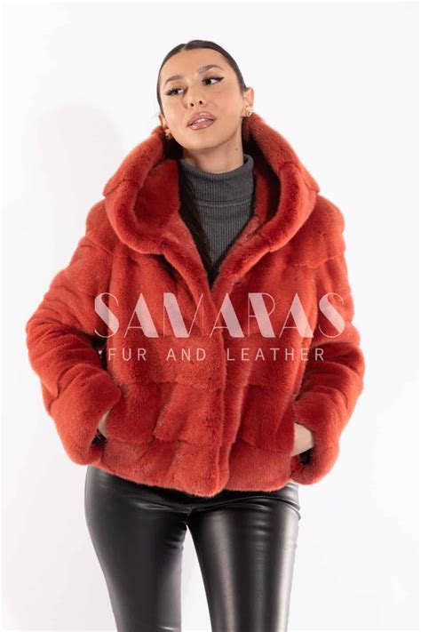 Ruth | Luxury Red Stone Mink Fur Jacket With Lavish Double Side Hood