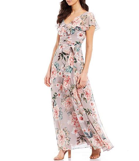 Eliza J Floral Print V Neck Flutter Sleeve Tie Waist Chiffon Maxi Dress