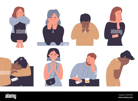 Depressed People Vector Illustration Set Cartoon Sad Unhappy Stressed