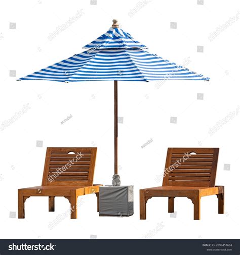 1 Two Wooden Chairs Beach Chair Sun Bed Big Umbrella On White Background Front View Image Small